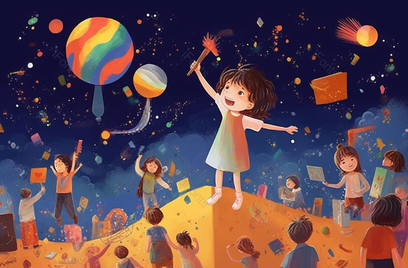 夜空行星六一儿童节彩色画面狂欢庆祝派对孩子嬉戏书籍童真幻想插画,插画/手绘图,插画/手绘图库,插画/手绘图下载,插画/手绘